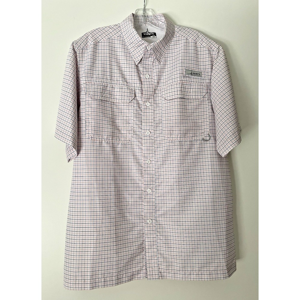 Habit Men's White Plaid Medium Short Sleeve 40+Solar Factor Outdoor Vented Shirt